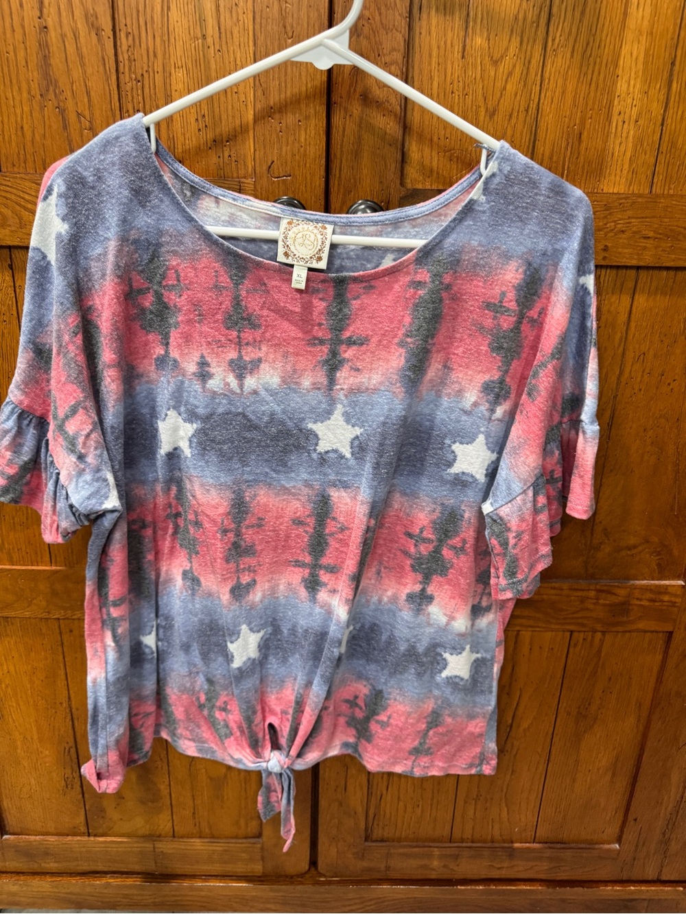 Truself Tie-Front Star & Stripe Tie-Dye Tee in Red and Blue